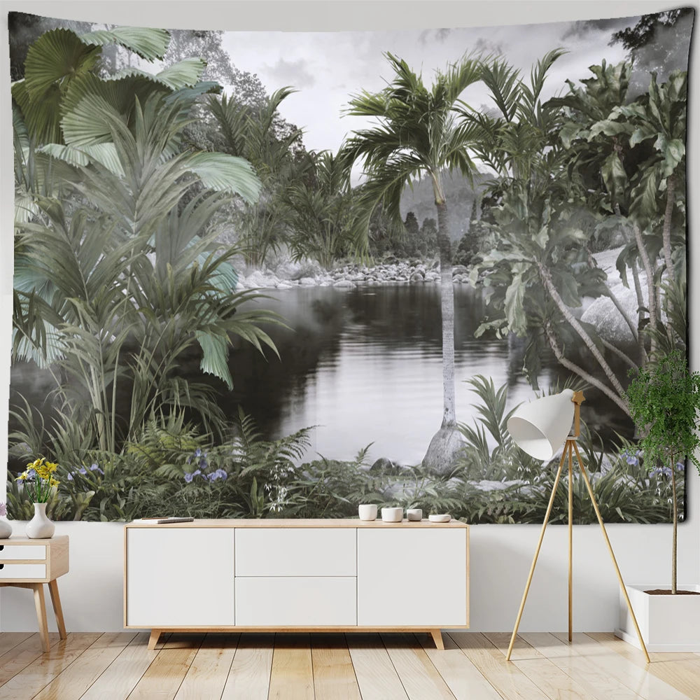 Tropical Botanical Garden Tapestry Wall Hanging Bohemian Style Natural Scenery Palm Tree Wall Art Aesthetic Decor
