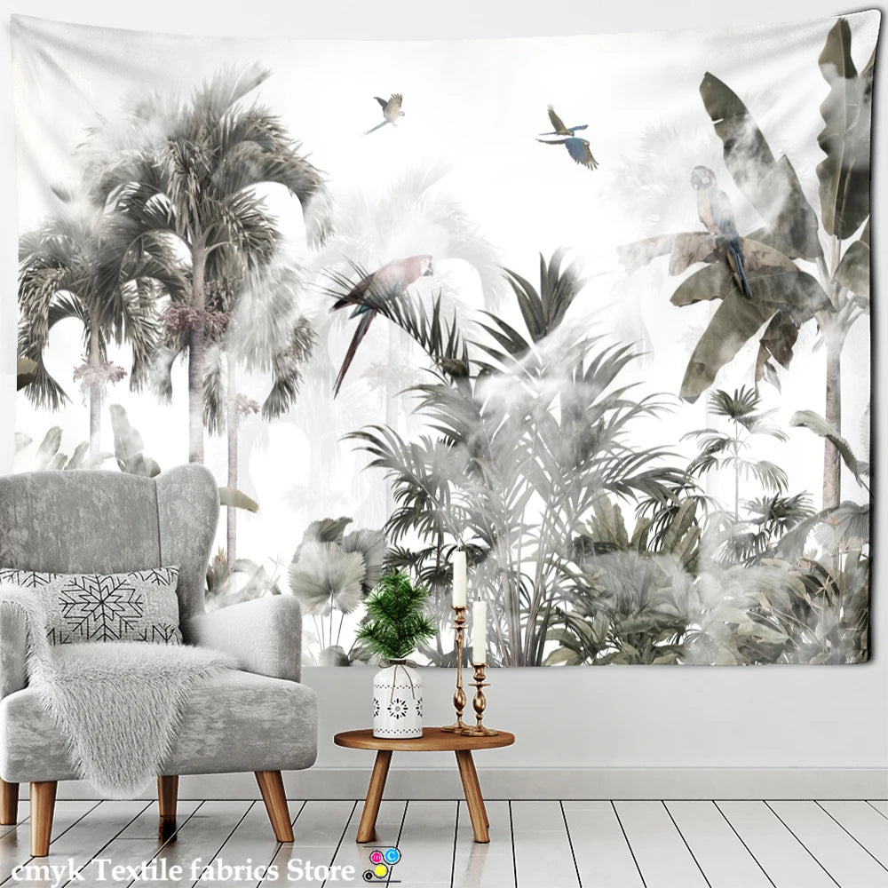 Tropical Botanical Garden Tapestry Wall Hanging Bohemian Style Natural Scenery Palm Tree Wall Art Aesthetic Decor