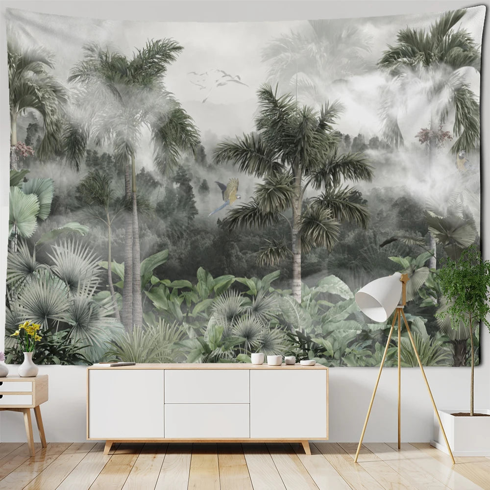 Tropical Botanical Garden Tapestry Wall Hanging Bohemian Style Natural Scenery Palm Tree Wall Art Aesthetic Decor