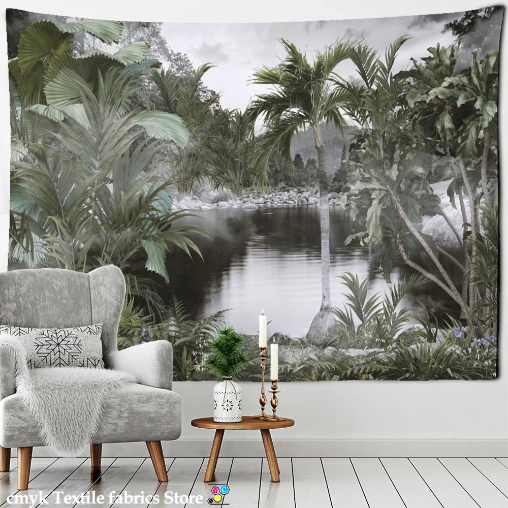 Tropical Botanical Garden Tapestry Wall Hanging Bohemian Style Natural Scenery Palm Tree Wall Art Aesthetic Decor