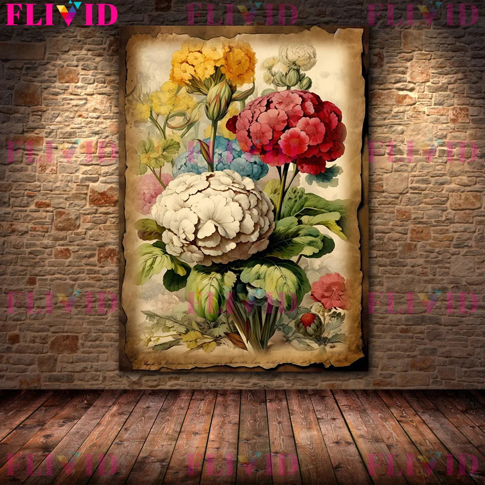 Botanical Junk Journal,Shabby Floral Art Poster And Print,Botanical Garden Vintage Wall Art Canvas Painting,Home Decor Unframed