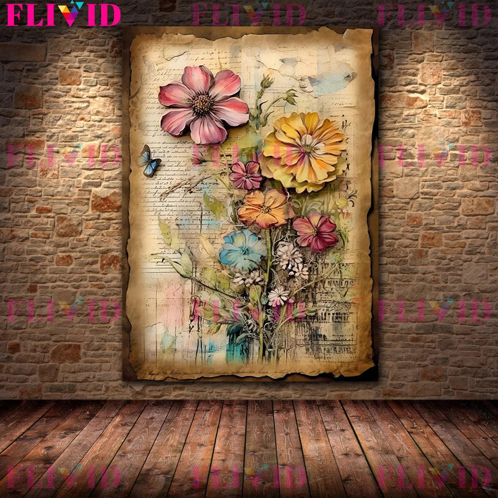 Botanical Junk Journal,Shabby Floral Art Poster And Print,Botanical Garden Vintage Wall Art Canvas Painting,Home Decor Unframed