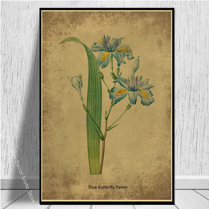 Botanical Poster Herb Plants Floral Art Wall Painting Blue Butterfly Flower Retro Prints Rose Vintage Home Room Decor Picture