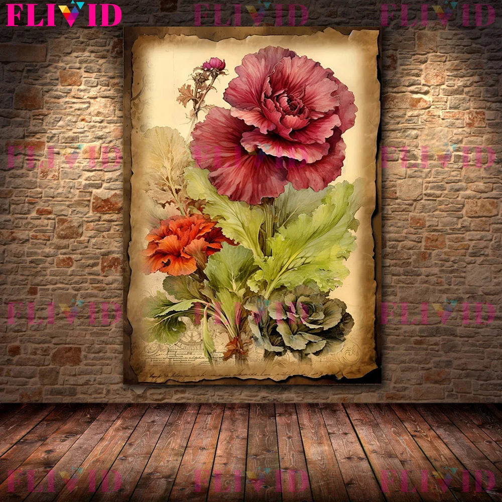 Botanical Junk Journal,Shabby Floral Art Poster And Print,Botanical Garden Vintage Wall Art Canvas Painting,Home Decor Unframed