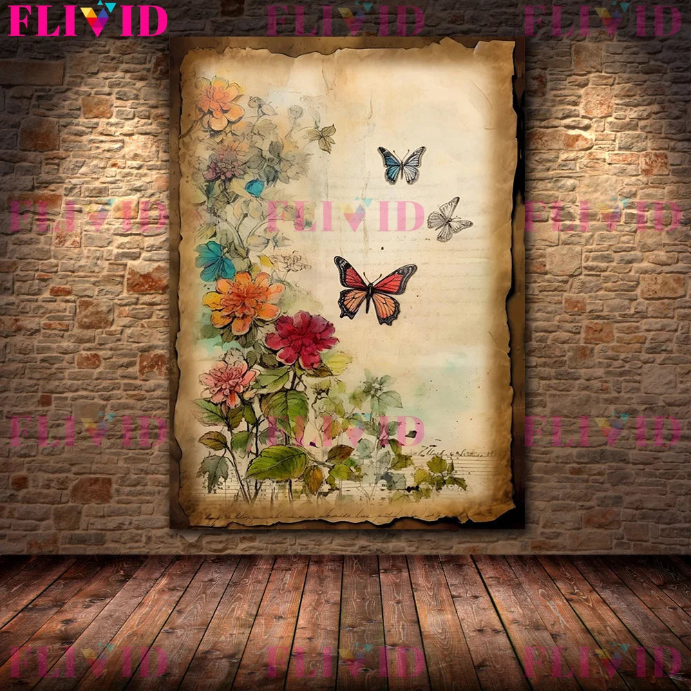 Botanical Junk Journal,Shabby Floral Art Poster And Print,Botanical Garden Vintage Wall Art Canvas Painting,Home Decor Unframed