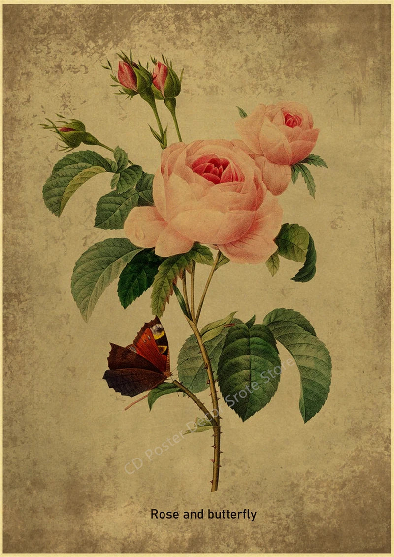 Botanical Poster Herb Plants Floral Art Wall Painting Blue Butterfly Flower Retro Prints Rose Vintage Home Room Decor Picture
