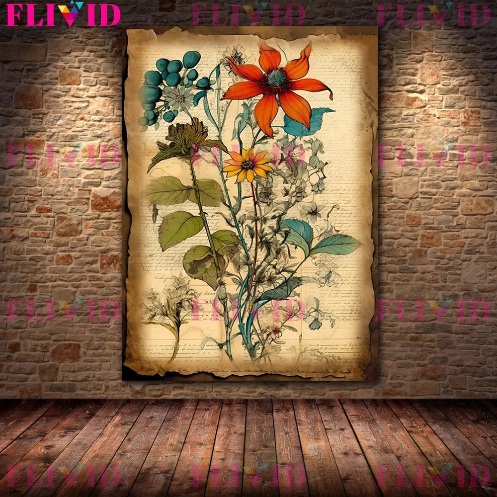 Botanical Junk Journal,Shabby Floral Art Poster And Print,Botanical Garden Vintage Wall Art Canvas Painting,Home Decor Unframed