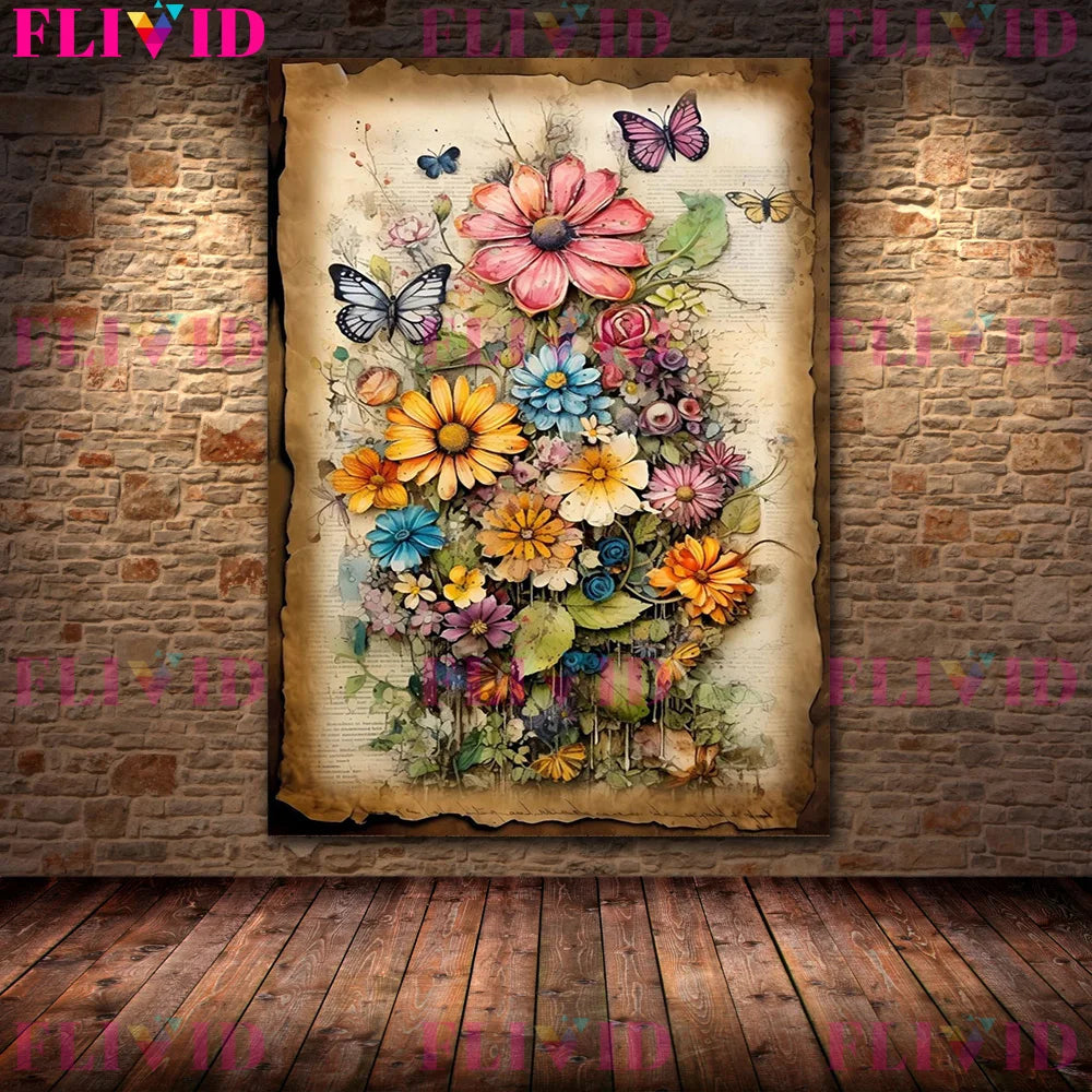 Botanical Junk Journal,Shabby Floral Art Poster And Print,Botanical Garden Vintage Wall Art Canvas Painting,Home Decor Unframed