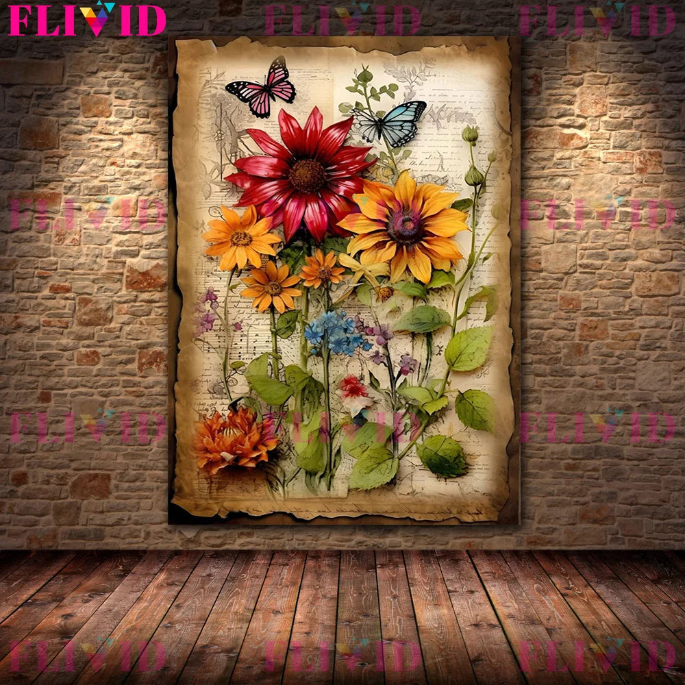 Botanical Junk Journal,Shabby Floral Art Poster And Print,Botanical Garden Vintage Wall Art Canvas Painting,Home Decor Unframed