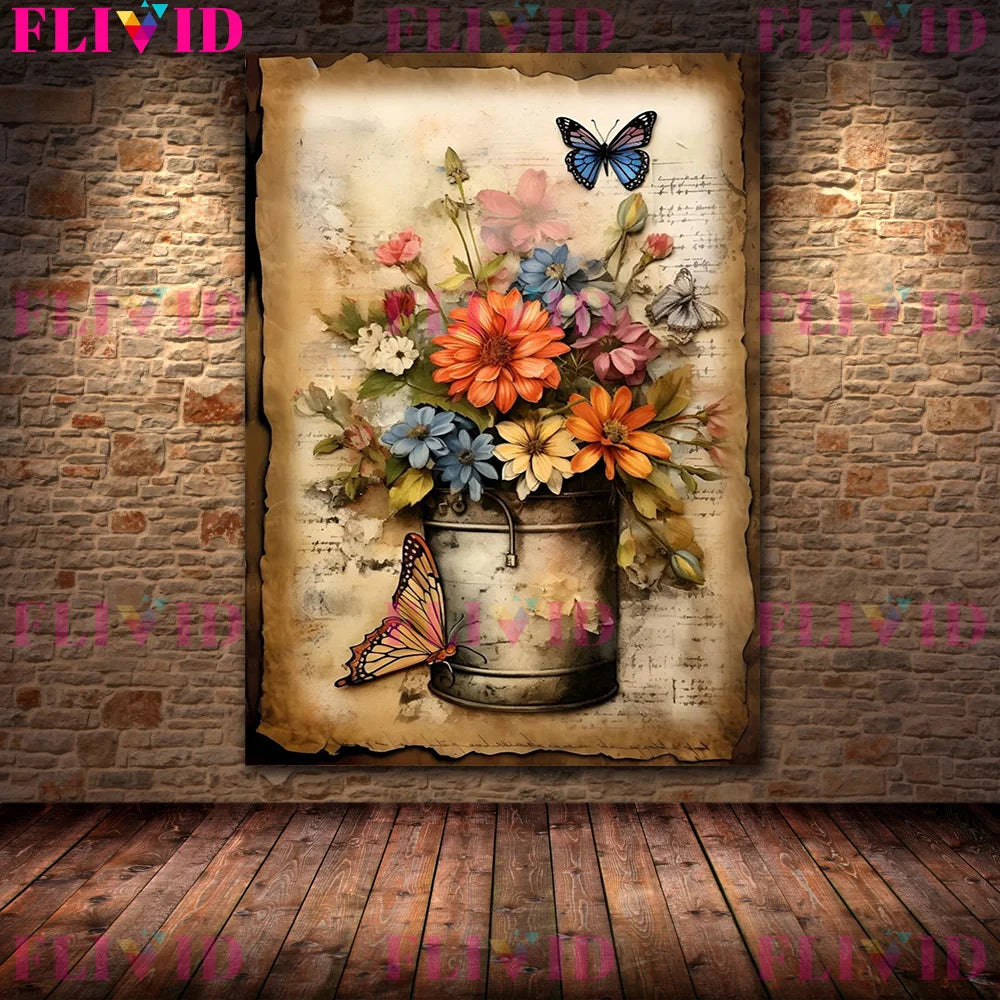 Botanical Junk Journal,Shabby Floral Art Poster And Print,Botanical Garden Vintage Wall Art Canvas Painting,Home Decor Unframed