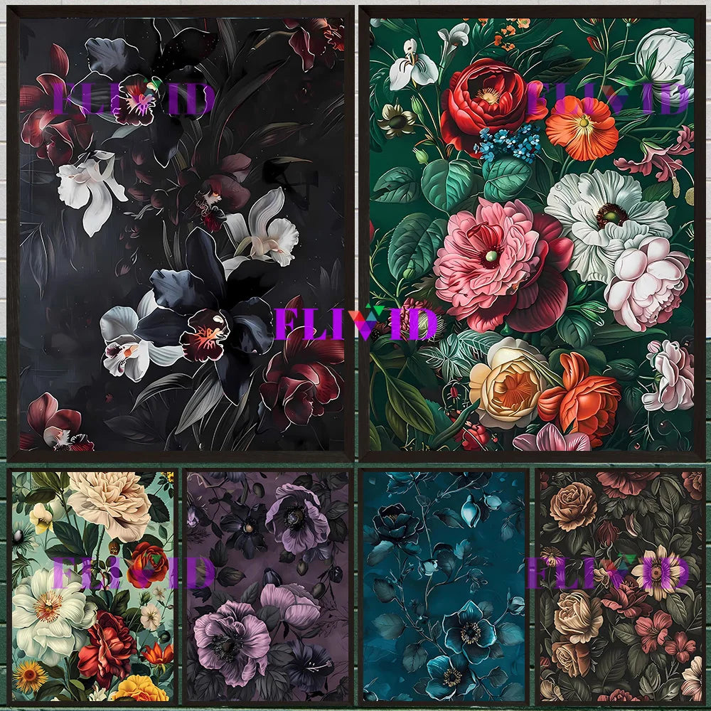 Floral Bouquet Art Print Lush Colorful Flowers Vintage Wall Art Canvas Painting, Abstract Art Poster Print Chic Botanical Decor