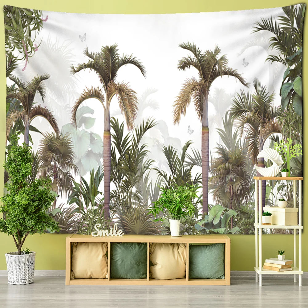 Tropical Botanical Garden Tapestry Wall Hanging Bohemian Style Natural Scenery Palm Tree Wall Art Aesthetic Decor