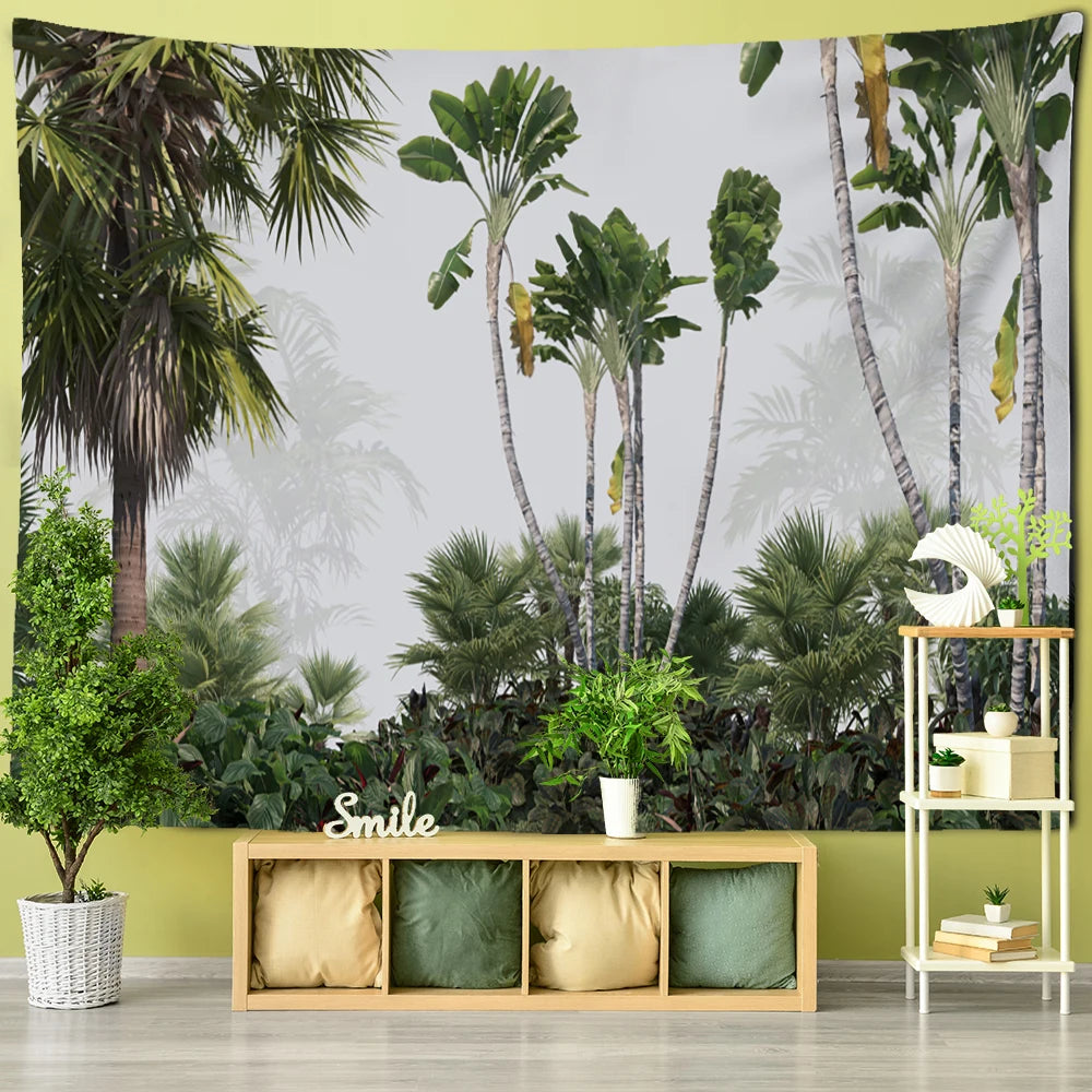 Tropical Botanical Garden Tapestry Wall Hanging Bohemian Style Natural Scenery Palm Tree Wall Art Aesthetic Decor
