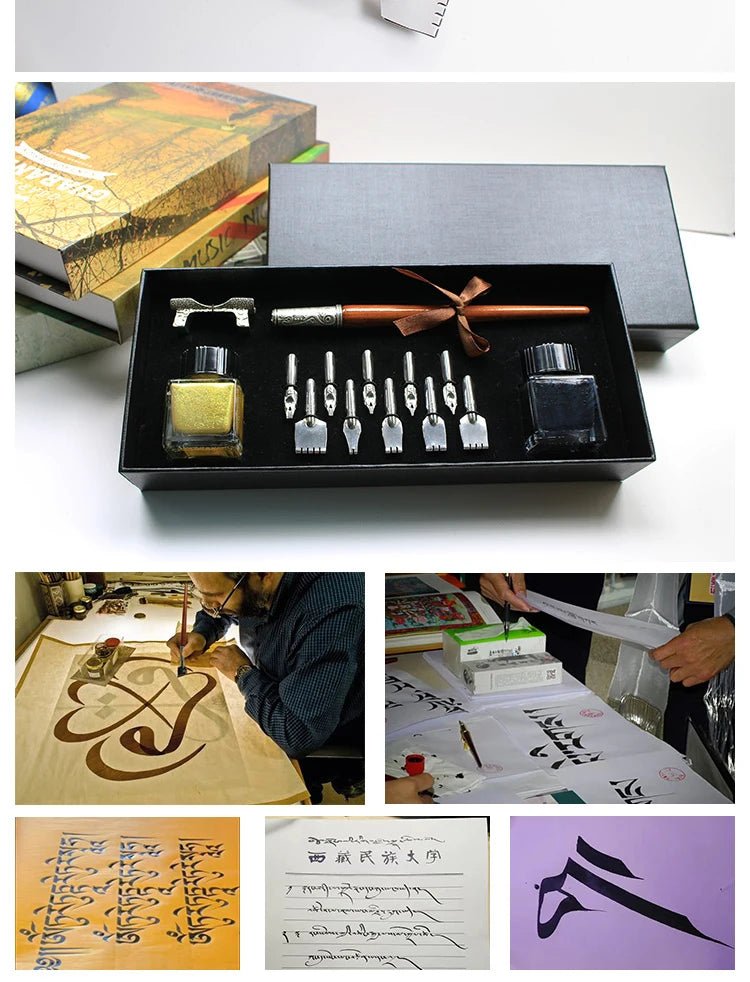 Arabic Calligraphy Pen Set – Includes Wooden Dip Pen, Antique Silver Holder, 10 Nibs and 2 Colors Ink Bottles