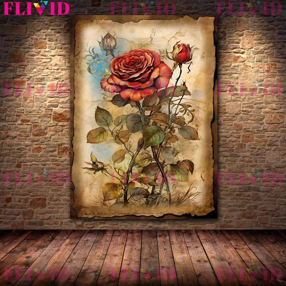 Botanical Junk Journal,Shabby Floral Art Poster And Print,Botanical Garden Vintage Wall Art Canvas Painting,Home Decor Unframed