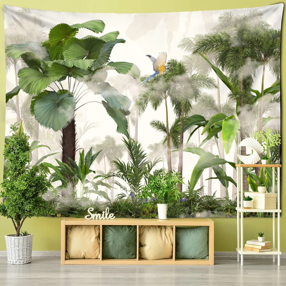 Tropical Botanical Garden Tapestry Wall Hanging Bohemian Style Natural Scenery Palm Tree Wall Art Aesthetic Decor