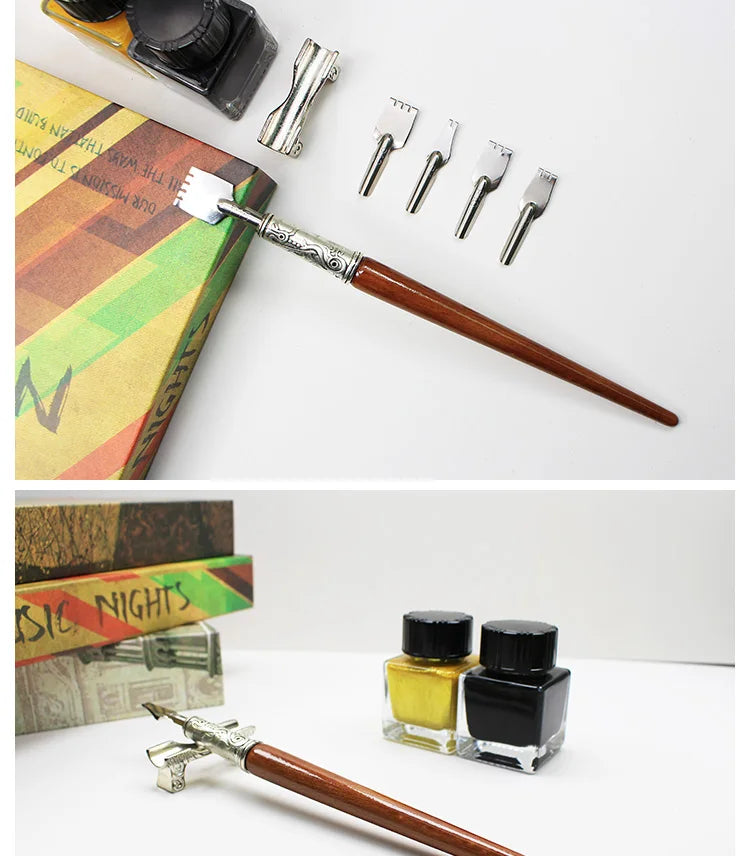 Arabic Calligraphy Pen Set – Includes Wooden Dip Pen, Antique Silver Holder, 10 Nibs and 2 Colors Ink Bottles