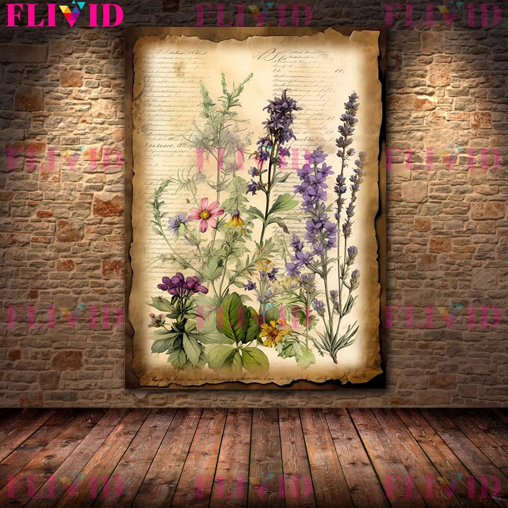 Botanical Junk Journal,Shabby Floral Art Poster And Print,Botanical Garden Vintage Wall Art Canvas Painting,Home Decor Unframed