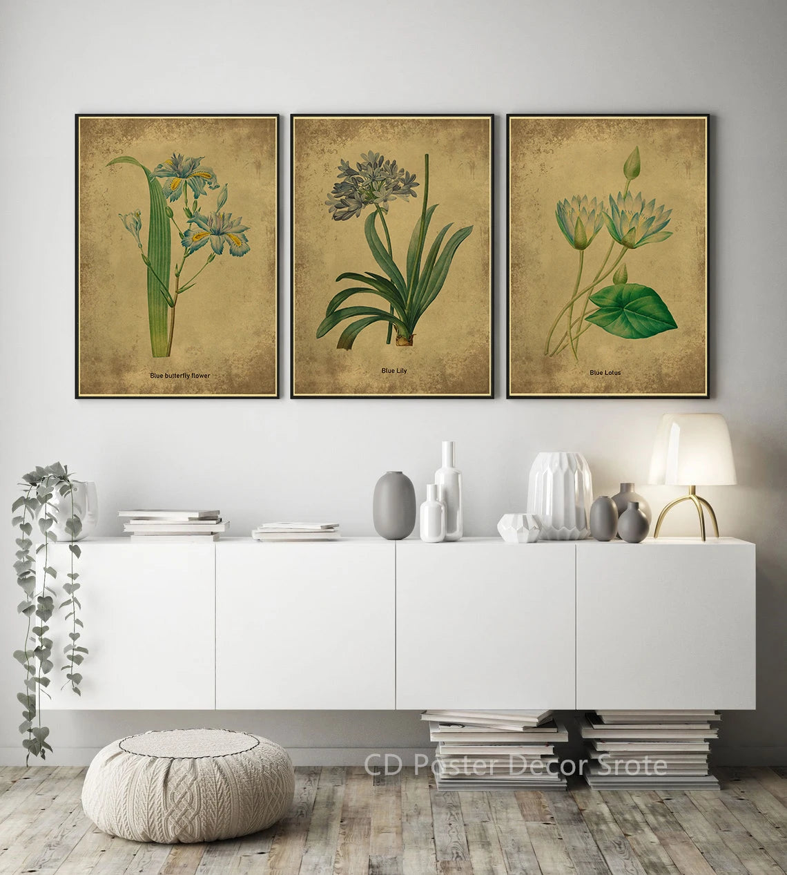 Botanical Poster Herb Plants Floral Art Wall Painting Blue Butterfly Flower Retro Prints Rose Vintage Home Room Decor Picture