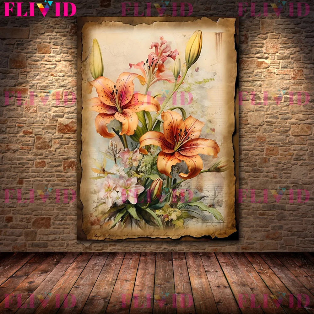 Botanical Junk Journal,Shabby Floral Art Poster And Print,Botanical Garden Vintage Wall Art Canvas Painting,Home Decor Unframed