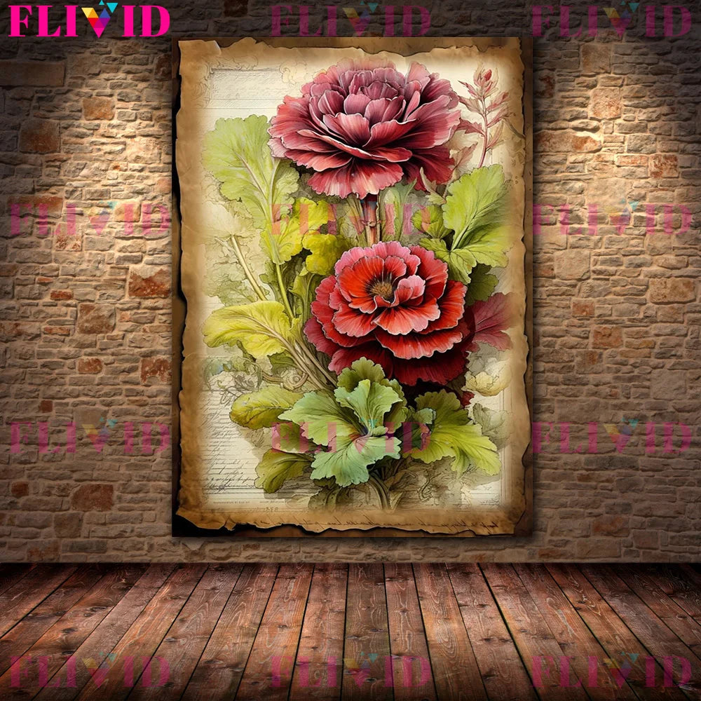 Botanical Junk Journal,Shabby Floral Art Poster And Print,Botanical Garden Vintage Wall Art Canvas Painting,Home Decor Unframed