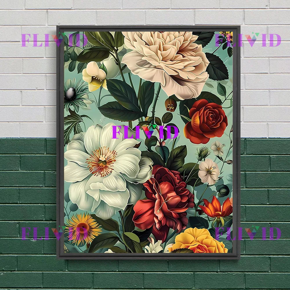 Floral Bouquet Art Print Lush Colorful Flowers Vintage Wall Art Canvas Painting, Abstract Art Poster Print Chic Botanical Decor
