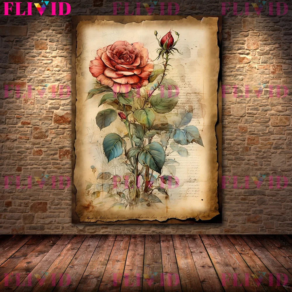 Botanical Junk Journal,Shabby Floral Art Poster And Print,Botanical Garden Vintage Wall Art Canvas Painting,Home Decor Unframed