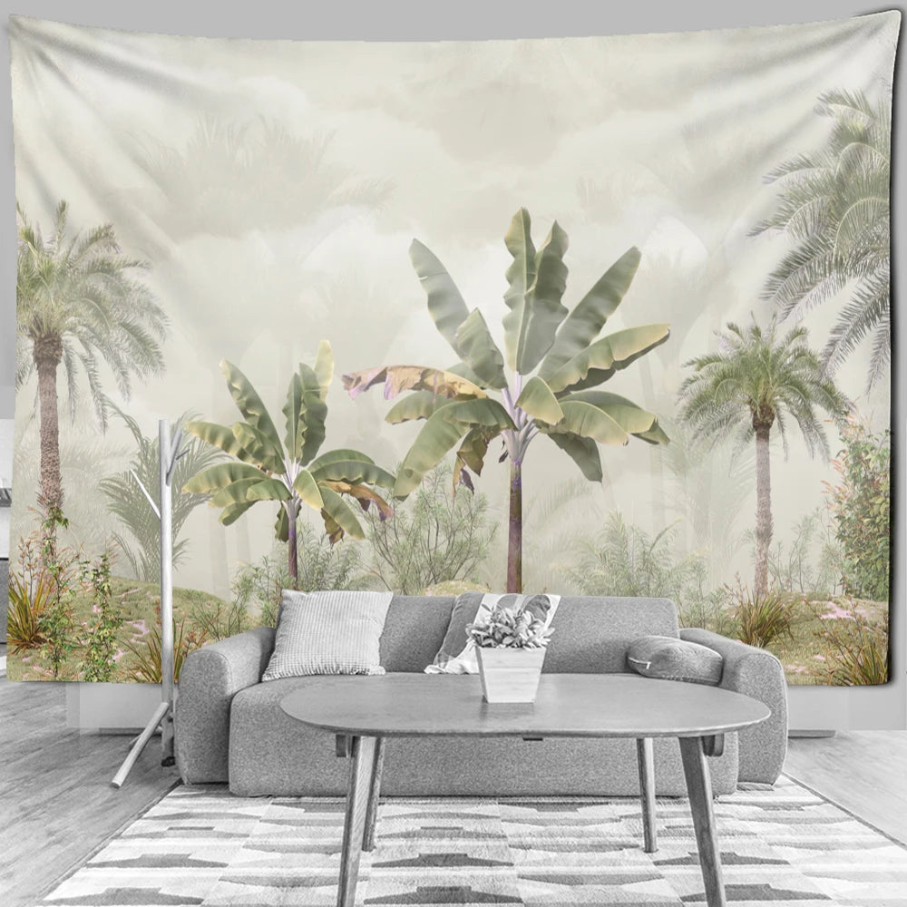 Tropical Botanical Garden Tapestry Wall Hanging Bohemian Style Natural Scenery Palm Tree Wall Art Aesthetic Decor